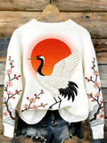 Red Sun And Crane Comfortable Round Neck Sweater elevenforest