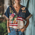 Women's Floral Embroidery Independence Day Flag Short Sleeve V Neck Casual Linen Top elevenforest