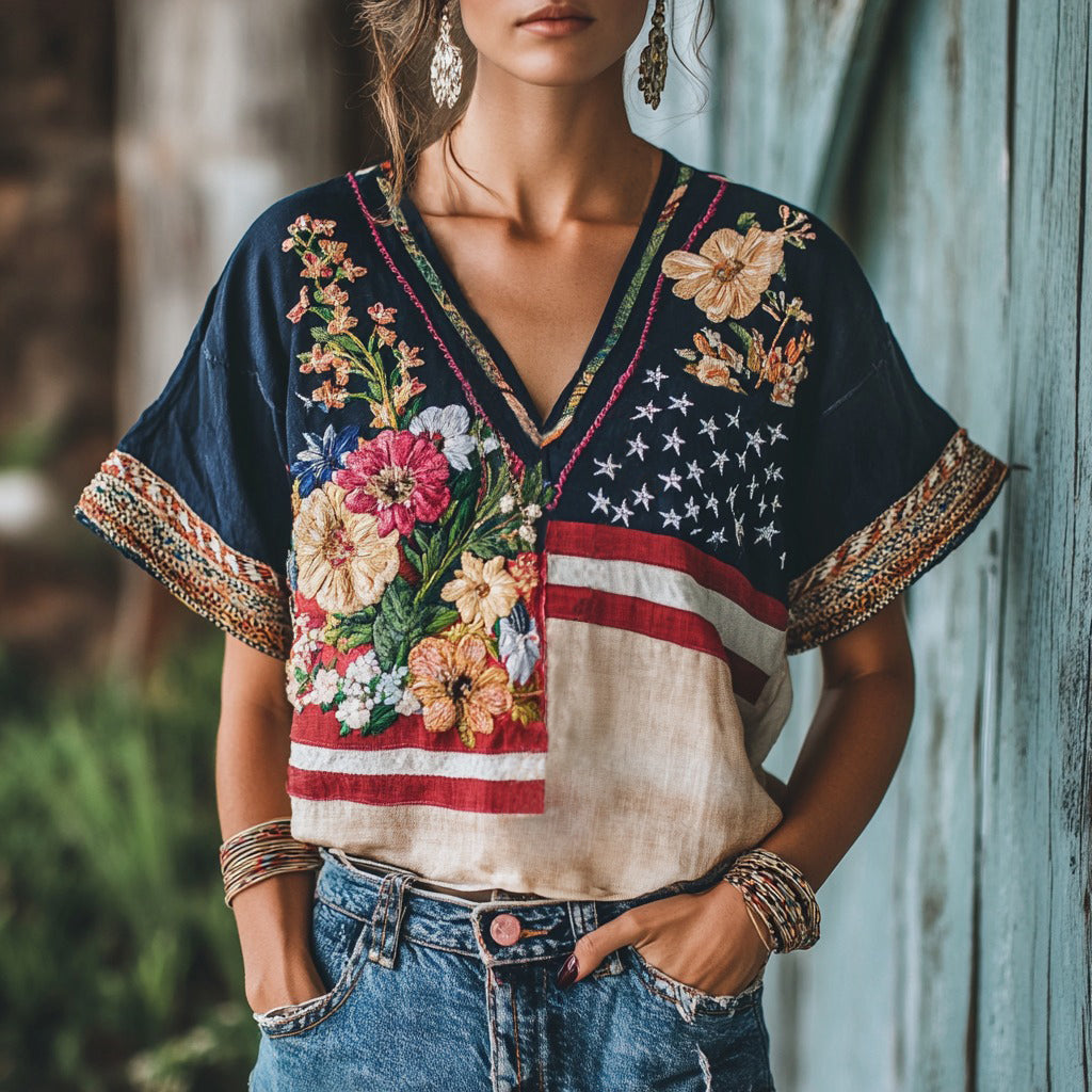 Women's Floral Embroidery Independence Day Flag Short Sleeve V Neck Casual Linen Top elevenforest