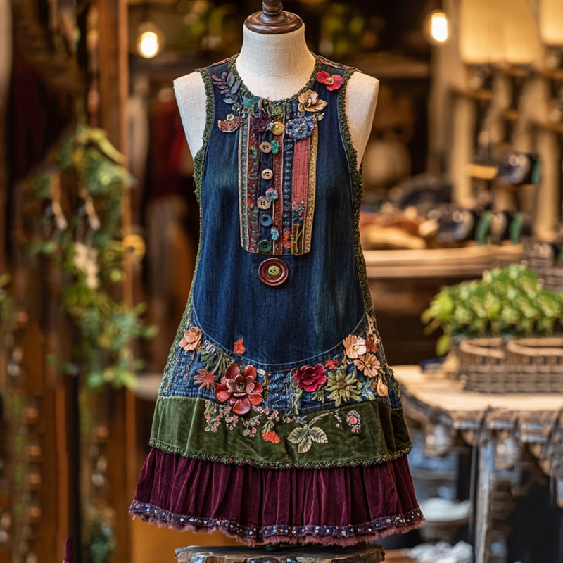 Vintage Floral Patchwork Art Sleeveless Dress elevenforest