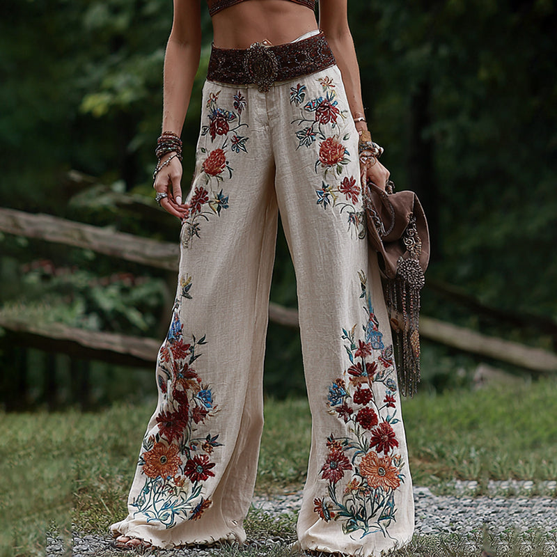 Vintage Floral Art Printed Cotton Linen Wide Leg Pants elevenforest