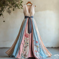 Floral Embroidered Transgender Colorblock Linen Maxi Dress elevenforest