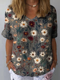 Spring Daisy Field Pattern Printed Women's Casual Cotton And Linen Shirt