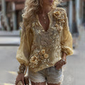 Women's Classic Bohemian Yellow Floral And Gold Roses Embroidery Art  Linen Blend Half-collar T-shirt elevenforest