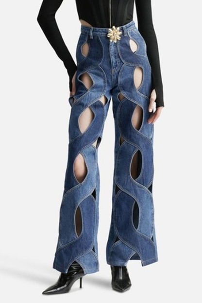 Street Hollowed Out High Waist Straight Denim Jeans