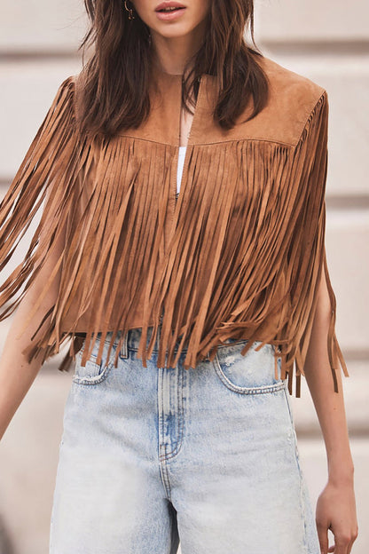 Street Color Fringed Trim O Neck Waistcoats