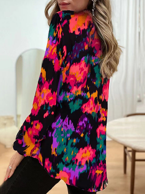 Long Sleeves Loose Printed V-neck Blouses&shirts Tops