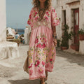 Women's Pink Rose Embroidery V-neck Linen Blend Midi Dress elevenforest