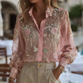 Women's Pink Rose Embroidered Art Long Sleeve Shirt elevenforest