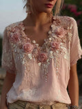 Vintage Boho Glitter Roses Embroidered V Neck Linen Shirt elevenforest