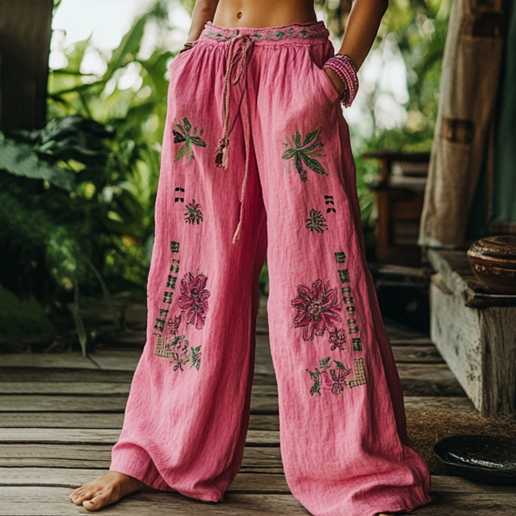 Vintage Bohemian Floral Art Printed Cotton Linen Wide Leg Pants elevenforest