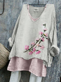Comstylish Japanese Cherry Blossom Embroidered Linen Tunic