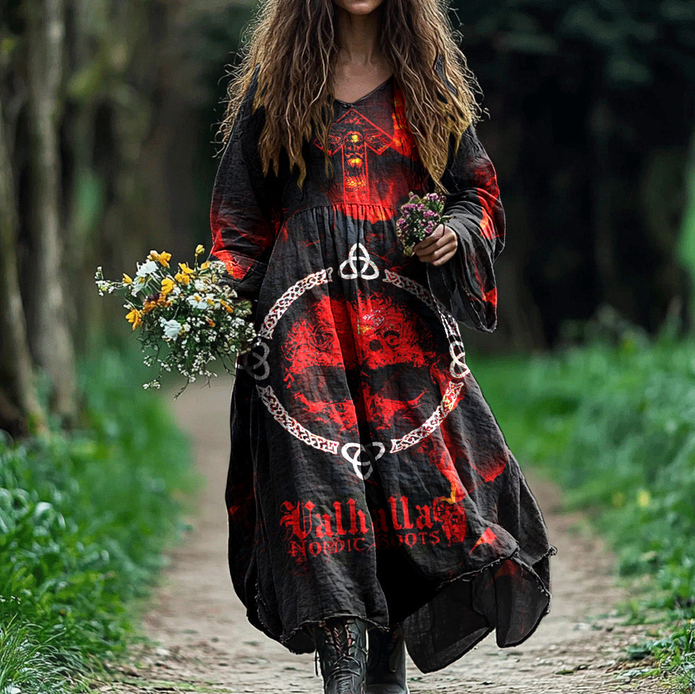 Women's Viking Skull Rune Print Cotton And Linen Dress elevenforest