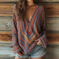 Women's Striped Art Print Casual V-neck Long Sleeve Top elevenforest