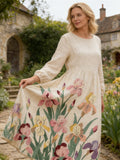 Vintage Floral Art Women's Linen Long Sleeve Midi Dress elevenforest