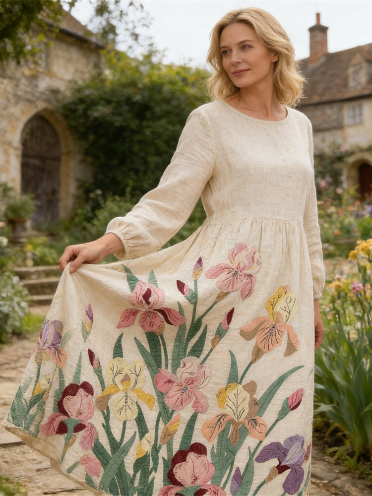 Vintage Floral Art Women's Linen Long Sleeve Midi Dress elevenforest
