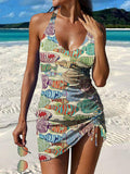 Retro Multicolor Fish Art Print Pleated Drawstring V-neck Tankini Pantskirt Set Swimsuit