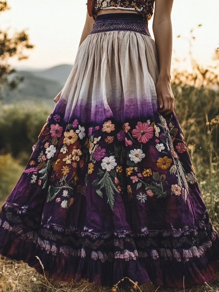 Women's Floral Embroidery Purple Gradient Cotton Flowing Half Elastic Skirt elevenforest