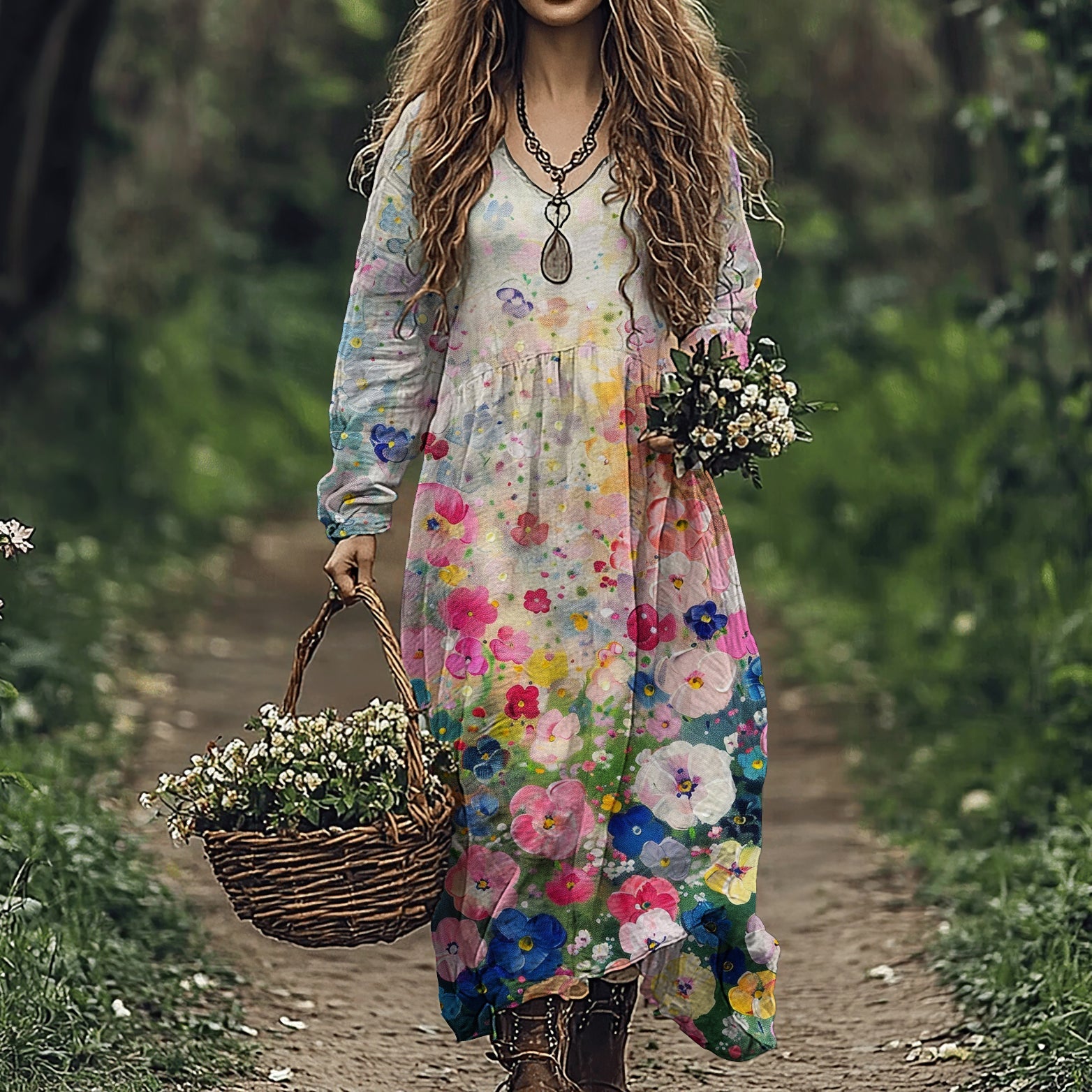 Women's Vintage Flowers Art Linen Blend Maxi Dress elevenforest