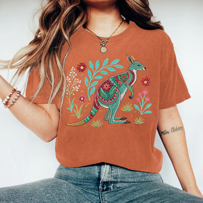 Comstylish Women's Australian Kangaroo Floral Art Print Short Sleeve Casual T-shirt