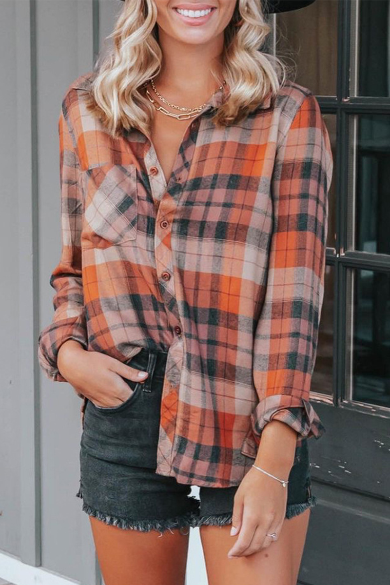 Plaid Patchwork Turndown Collar Tops