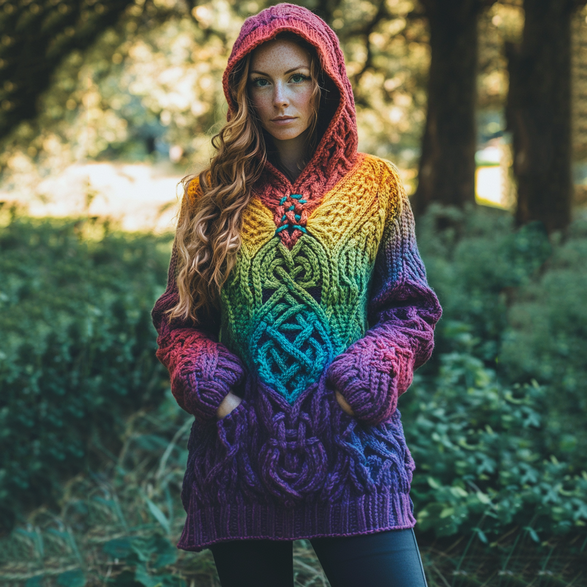 Women's Irish Rainbow Pattern Jacquard Pocket Cozy Hooded Sweater elevenforest