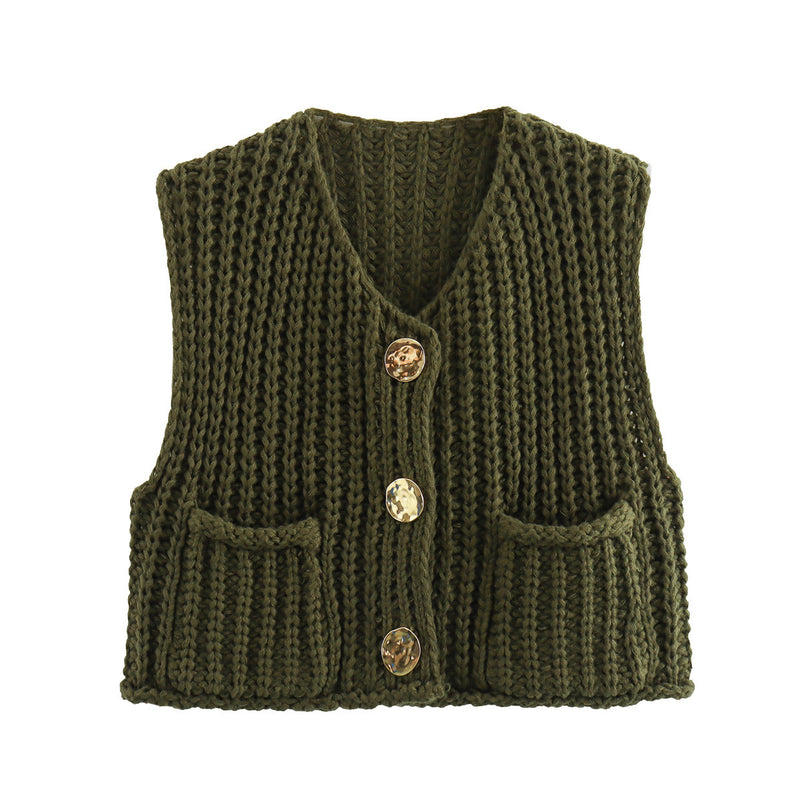 Large Buttons Color Knit Vest Cardigan