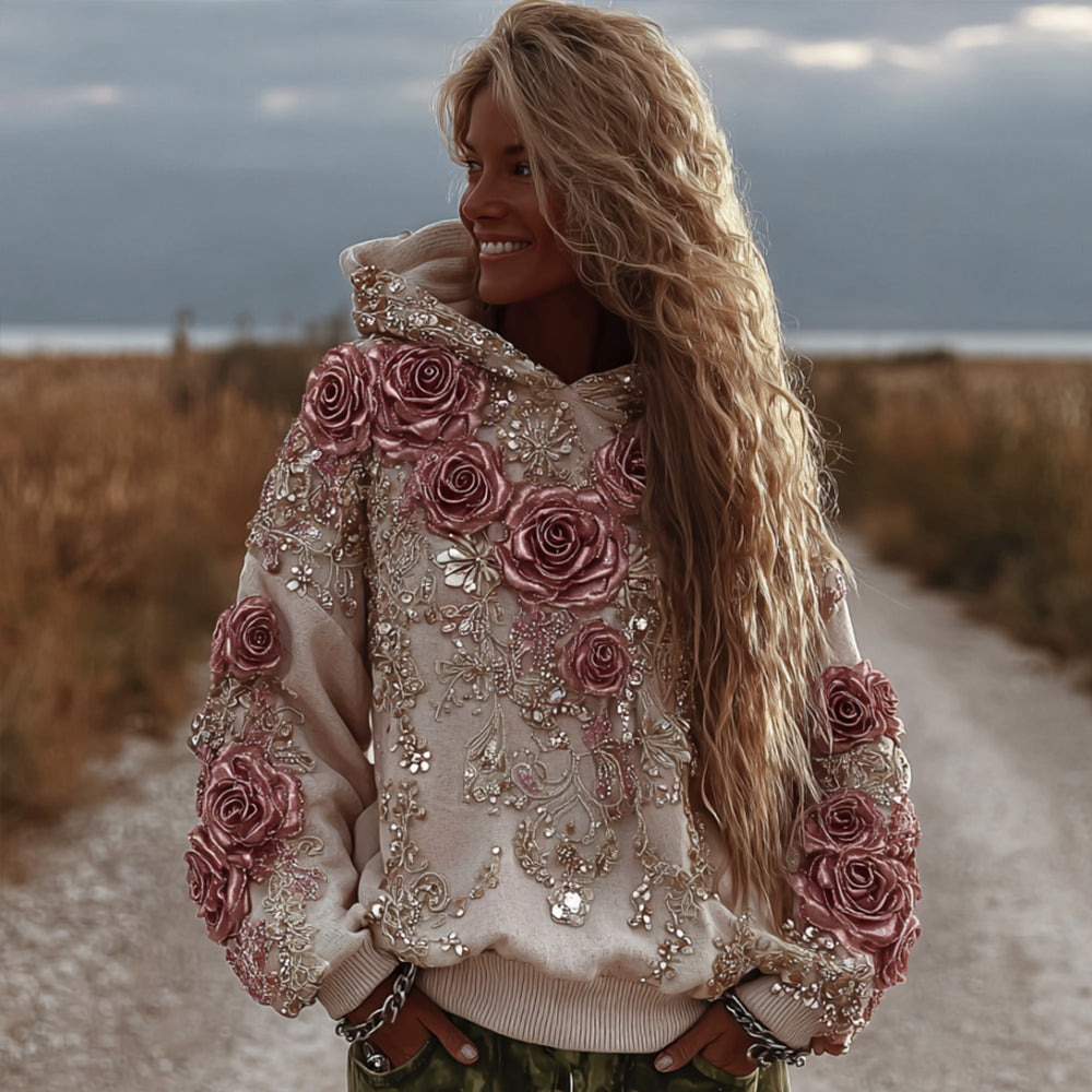 Pink Rose Vintage Casual Long-sleeved Sweatshirt elevenforest