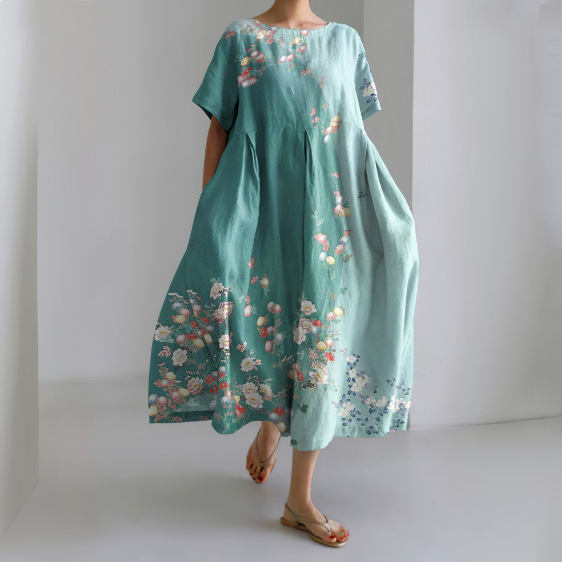 Japanese Art Flower Print Round Neck Casual Midi Dress elevenforest