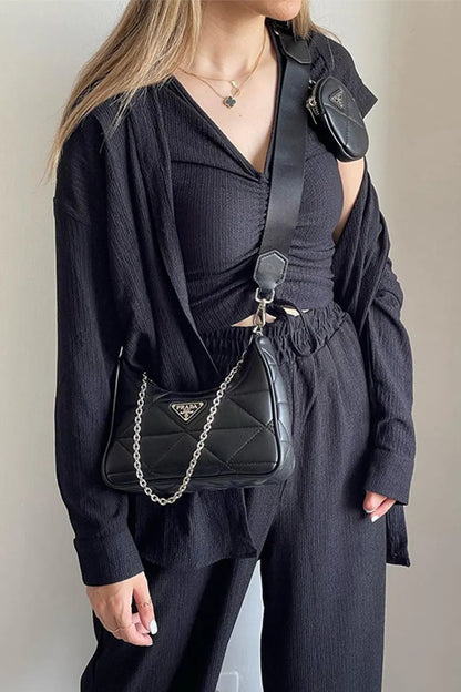 Draw String Fold Turndown Collar Long Sleeve Three Pieces(shirt Vest Trousers)