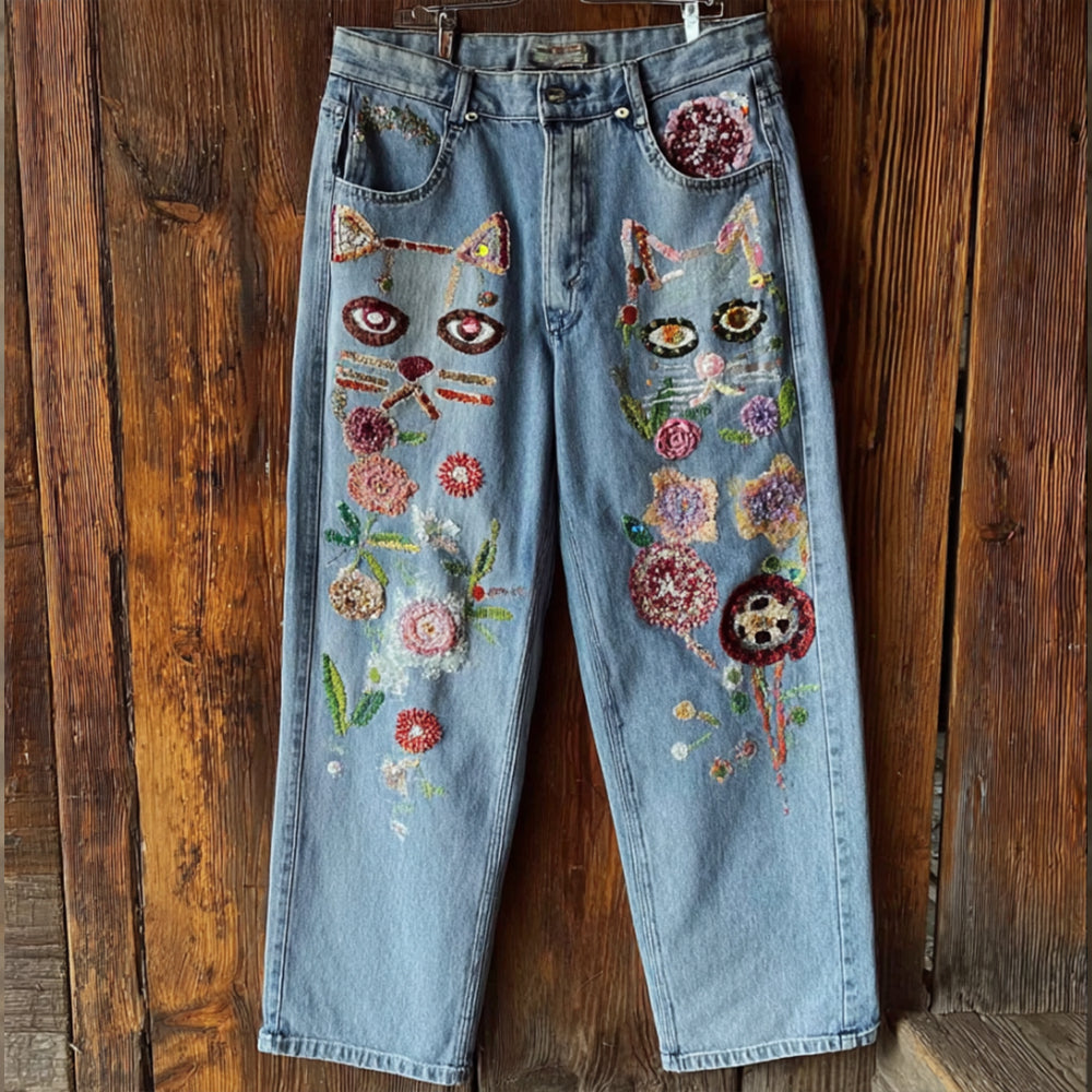 Women's Bohemian Style Small Cat Pattern Floral Pants elevenforest