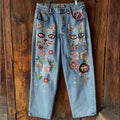 Women's Bohemian Style Small Cat Pattern Floral Pants elevenforest