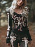 Comstylish Women's Halloween Skeleton Rose Bloodstained Sexy V-neck Sweater