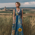 Vintage Cottagecore Blue Floral Patchwork Linen Maxi Dress elevenforest