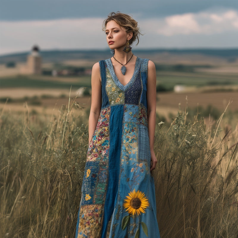 Vintage Cottagecore Blue Floral Patchwork Linen Maxi Dress elevenforest
