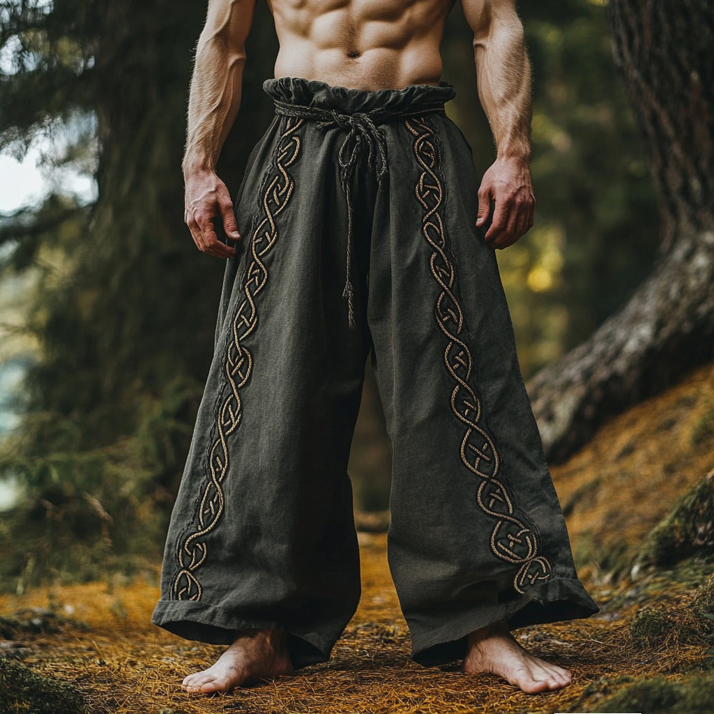 Vintage Tribal Viking Celtic Embroidery Art Linen Long Loose Wide-leg Pants elevenforest