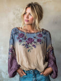 Boho Romantic Floral Embroidery Gradient Women's Linen Loose Shirt elevenforest