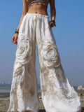 Elegant White Rose Embroidered Cozy Linen Pants elevenforest