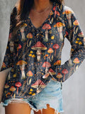 Women's Mushroom Garden Art Print Casual V-Neck Long Sleeve T-Shirt