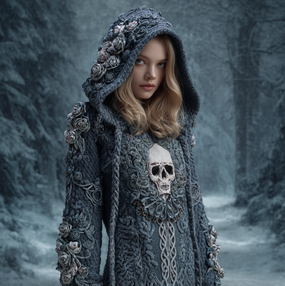 Halloween Skeleton Element Viking Style Women's Hooded Pullover Knit Sweater artswardrobe
