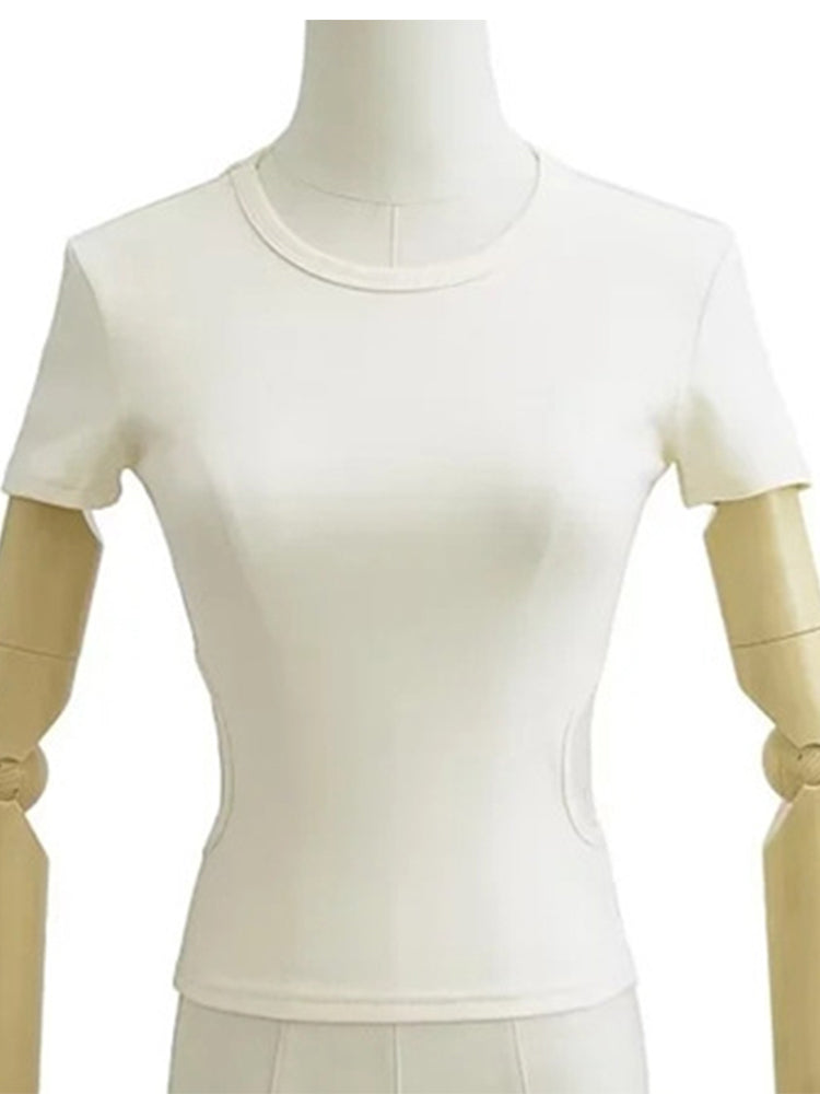 Side Waist Off Short Top ’s Round Neck Slim Fit Versatile Color Short Sleeve T-shirt Summer