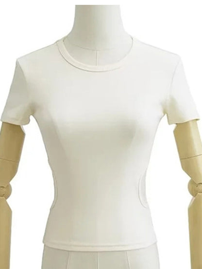 Side Waist Off Short Top ’s Round Neck Slim Fit Versatile Color Short Sleeve T-shirt Summer
