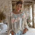 Women's Pink And Blue Flower Embroidery Art Round Neck Linen Blend Long Sleeve T-shirt elevenforest
