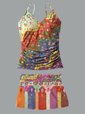 V-Neck Vintage Floral Art Print Suspender Skirt Tankini Pantskirt Set Swimsuit