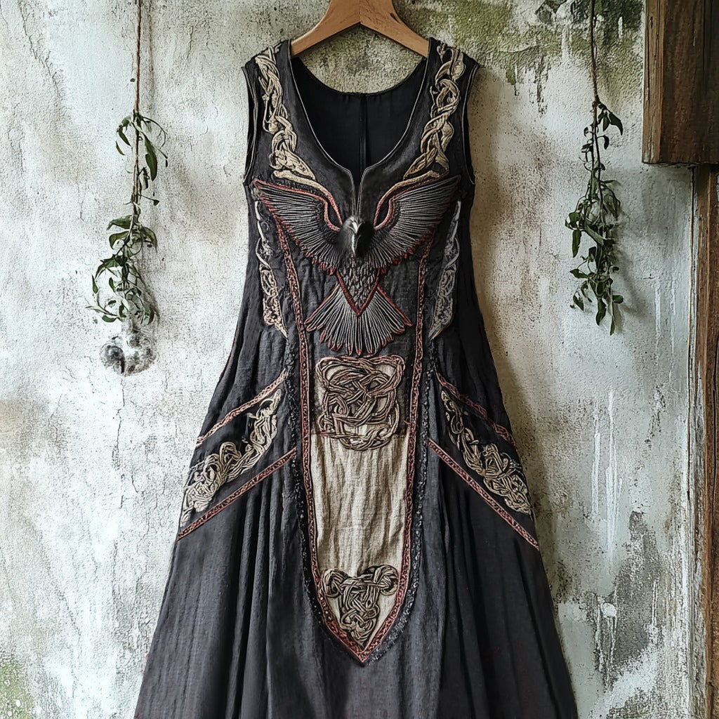 Vintage Viking Tribal Raven Graphics Art Linen Tank Dress elevenforest