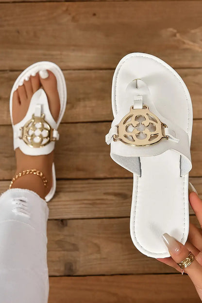 White Metal Leather Thong Slippers