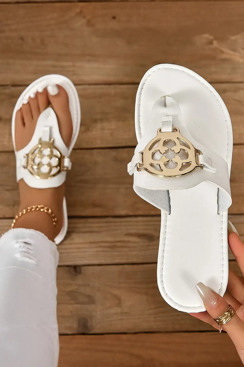 White Metal Leather Thong Slippers