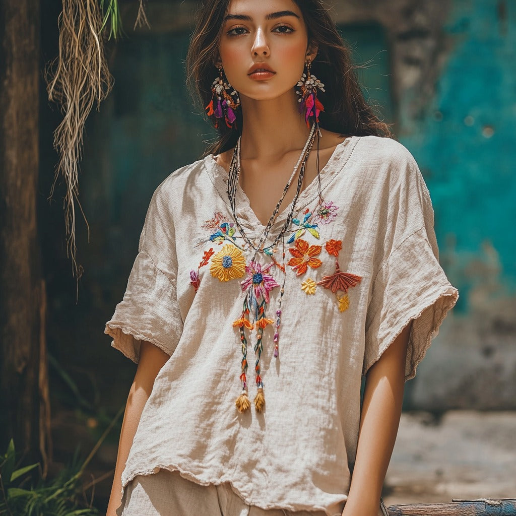 Women's Floral Embroidery V Neck Casual Linen Top elevenforest