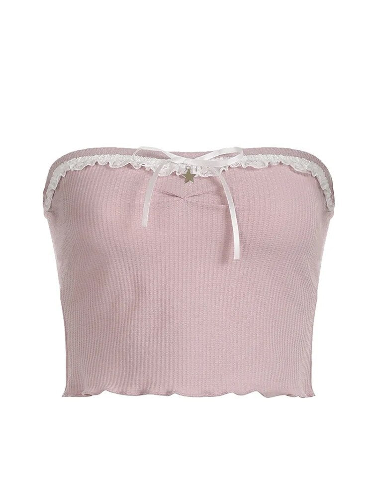 Sweet Off Shoulder Crop Top Kawaii Strapless Pink Tube Tops Bow Stitched Sleeveless Vest Y2k Summer