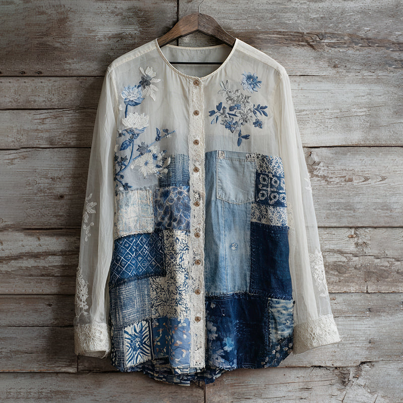 Vintage Lace Floral Embroidery Patchwork Linen Women's Long Sleeve Shirt elevenforest